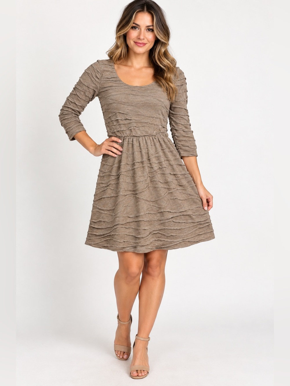 Three Pink Hearts Womens L Dress Taupe Ruffle Textured 3/4 Sleeve Fit Flare NWT